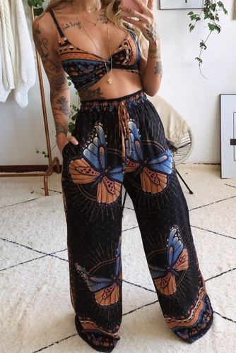 Black Sexy Print Patchwork Spaghetti Strap Sleeveless Two Pieces