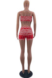 Red Sexy Print Patchwork Backless Spaghetti Strap Sleeveless Two Pieces