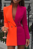 Оранжевое повседневное платье-рубашка с цветными блоками и отложным воротником с пряжкой Платья Платья
