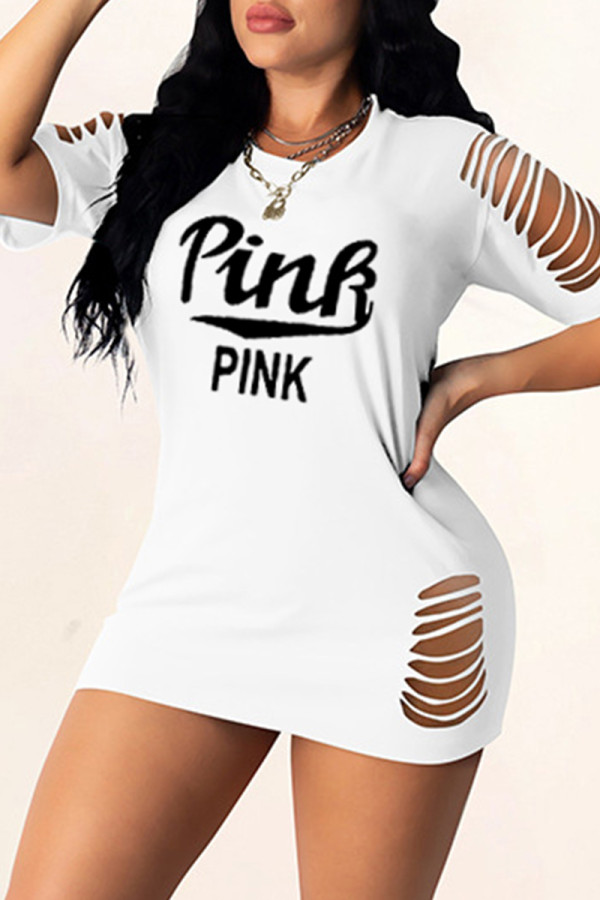 White Fashion Casual Letter Print Ripped O Neck Short Sleeve Dress