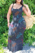 Черное сексуальное повседневное платье с принтом букв и U-образным вырезом