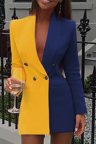 Yellow Casual Color Block Buckle Turndown Collar Shirt Dress Dresses