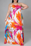 Orange Sexig Casual Plus Size Print Backless Halter Ärmlös klänning