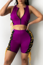 Фиолетовая сексуальная однотонная асимметричная сетка с бантом и воротником на молнии без рукавов из двух частей