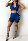 Blue Sexy Solid Tear Asymmetrical Mesh With Bow Zipper Collar Sleeveless Two Pieces