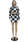 Black Sexy Plaid Patchwork Hooded Collar Long Sleeve Two Pieces