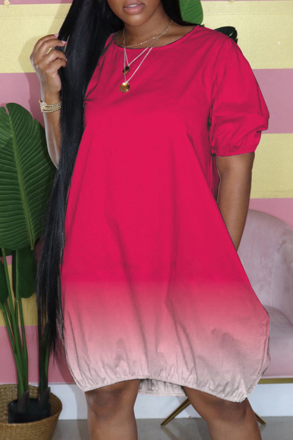 Розово-красное повседневное бальное платье в стиле пэчворк с постепенным изменением и круглым вырезом