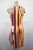 スイカレッドのセクシーなプリントパッチワークスパゲッティストラップペンシルスカートドレス