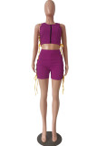 Purple Sexy Solid Tear Asymmetrical Mesh With Bow Zipper Collar Sleeveless Two Pieces