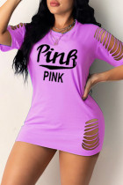Purple Fashion Casual Letter Print Ripped O Neck Short Sleeve Dress