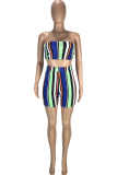 Blue Sexy Striped Patchwork Strapless Sleeveless Two Pieces