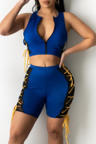 Blue Sexy Solid Tear Asymmetrical Mesh With Bow Zipper Collar Sleeveless Two Pieces