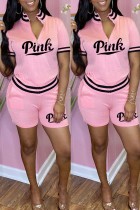 Pink Fashion Casual Letter Print Basic Zipper Collar Short Sleeve Two Pieces