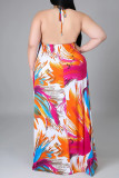 Oranje sexy casual plus size print backless halter mouwloze jurk