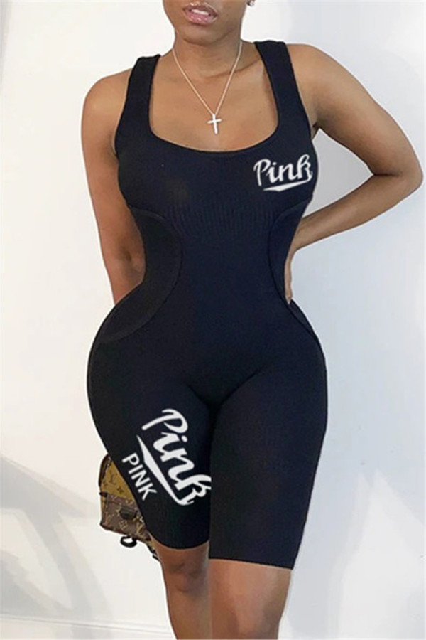 Mameluco ajustado básico con cuello en U y estampado de letras de ropa deportiva de moda negro