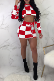 Red Sexy Plaid Patchwork Hooded Collar Long Sleeve Two Pieces