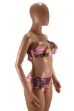 Rose Red Sexy Print Hollowed Out Patchwork Swimwears