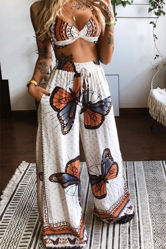 White Sexy Print Patchwork Spaghetti Strap Sleeveless Two Pieces