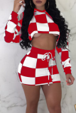 Black Sexy Plaid Patchwork Hooded Collar Long Sleeve Two Pieces