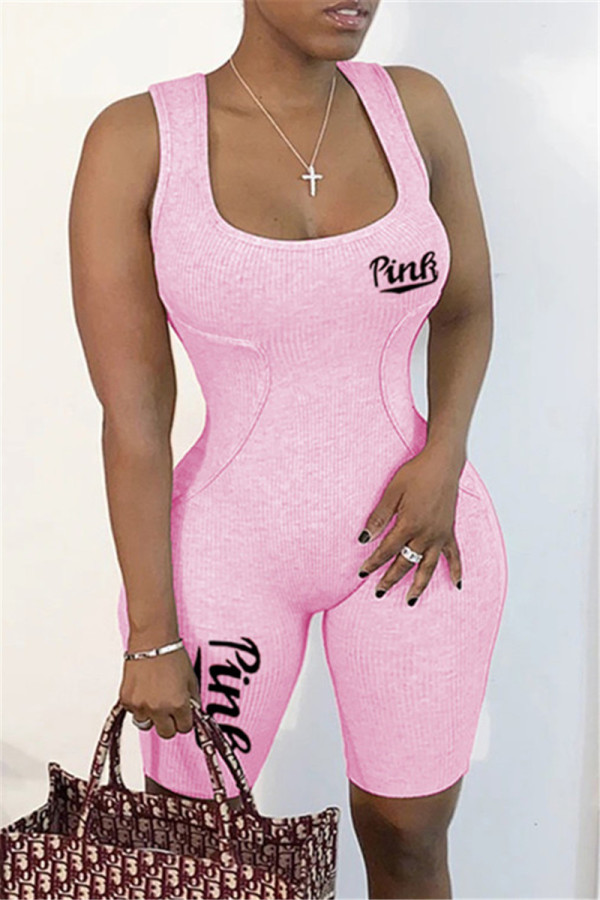 Pink Fashion Sportswear Letter Print Basic U-Ausschnitt Skinny Strampler