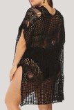 Zwarte sexy effen uitgeholde doorschijnende riem ontwerp V-hals plus size strandjurk