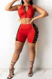 Red Sexy Solid Tear Asymmetrical Mesh With Bow Zipper Collar Sleeveless Two Pieces