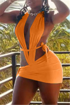 オレンジ色のファッションセクシーな固体くり抜かれた背中の開いた水着