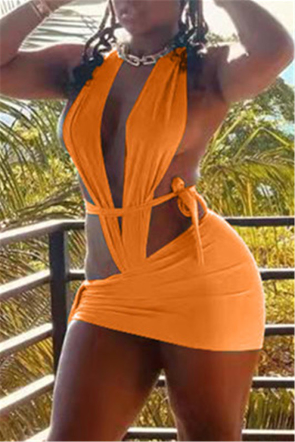 Oranje mode Sexy effen uitgeholde rugloze badmode