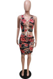 Red Fashion Sexy Print Hollowed Out Strap Design U Neck Sleeveless Two Pieces