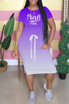 Purple Fashion Casual Gradual Change Letter Print Basic O Neck Short Sleeve Dress