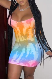 Gradient Color Sexy Patchwork Tie-dye Spaghetti Strap Crayon Jupe Robes