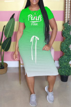 Green Fashion Casual Gradual Change Letter Print Basic O Neck Short Sleeve Dress