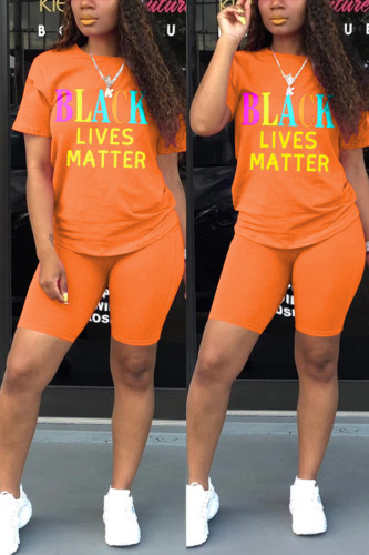 Orange Fashion Casual Letter Print Basic O Neck Short Sleeve Two Pieces