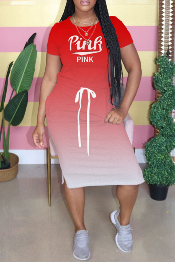 Vestido de manga corta con cuello en O básico con estampado de letras de cambio gradual informal de moda rojo