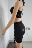 Svarta Sexiga Solida Patchwork Badkläder med dragsnöre