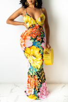 Yellow Sexy Patchwork Patchwork Spaghetti Strap Pencil Skirt Dresses