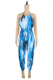 Blue Sexy Casual Print Hollowed Out O Neck Regular Jumpsuits