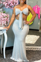 Grey Sexy Solid Bandage Spaghetti Strap Sleeveless Two Pieces