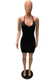 Schwarzes Mode-reizvolles festes rückenfreies Sling-Kleid mit V-Ausschnitt