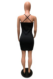 Svart Mode Sexig Solid Backless V-hals Sling Dress
