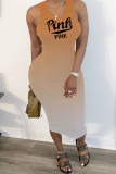 ローズレッドファッションカジュアル段階的変更レタープリントベーシックUネックベストドレス