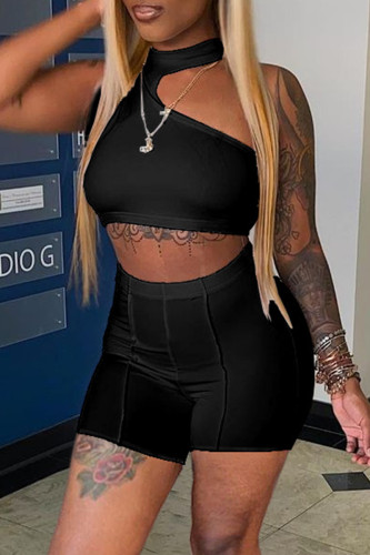 Black Sexy Casual Solid Hollowed Out Half A Turtleneck Sleeveless Two Pieces