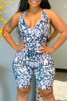 Macacão skinny sem mangas com estampa casual azul moda frente única