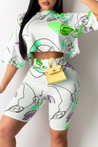 Green Casual Print Patchwork O Neck Half Sleeve Two Pieces Crop Tops And Shorts Sets
