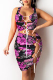 Paarse mode Sexy print uitgeholde riem ontwerp U-hals mouwloos twee stukken