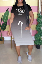 ブラックファッションカジュアル段階的変更レタープリントベーシックOネック半袖ドレス
