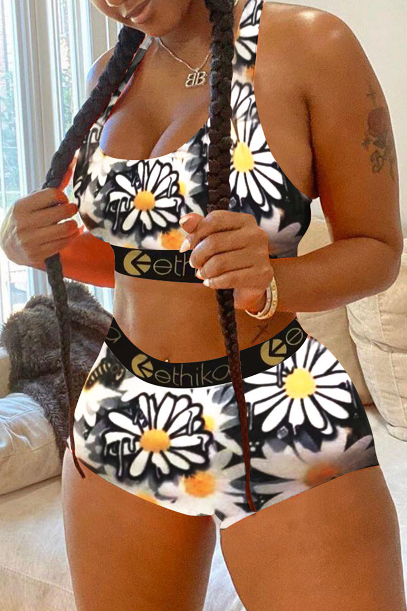 

Black White Casual Sportswear Print Vests U Neck Sleeveless Two Pieces