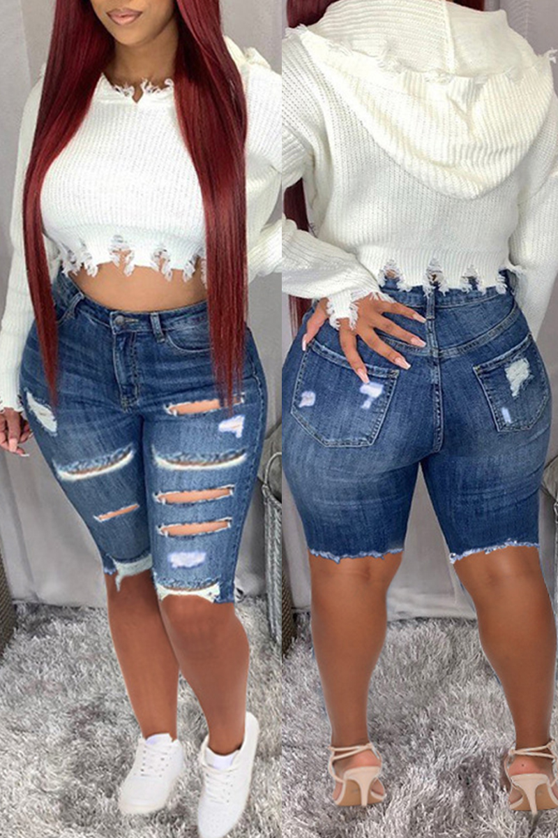 

Dark Blue Fashion Casual Solid Ripped High Waist Regular Jeans