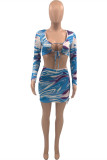 Rose Fashion Sexy Print Strap Design V Neck Long Sleeve Two Pieces