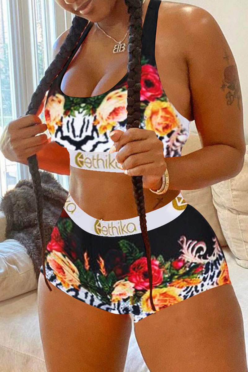 

Black Yellow Casual Sportswear Print Vests U Neck Sleeveless Two Pieces